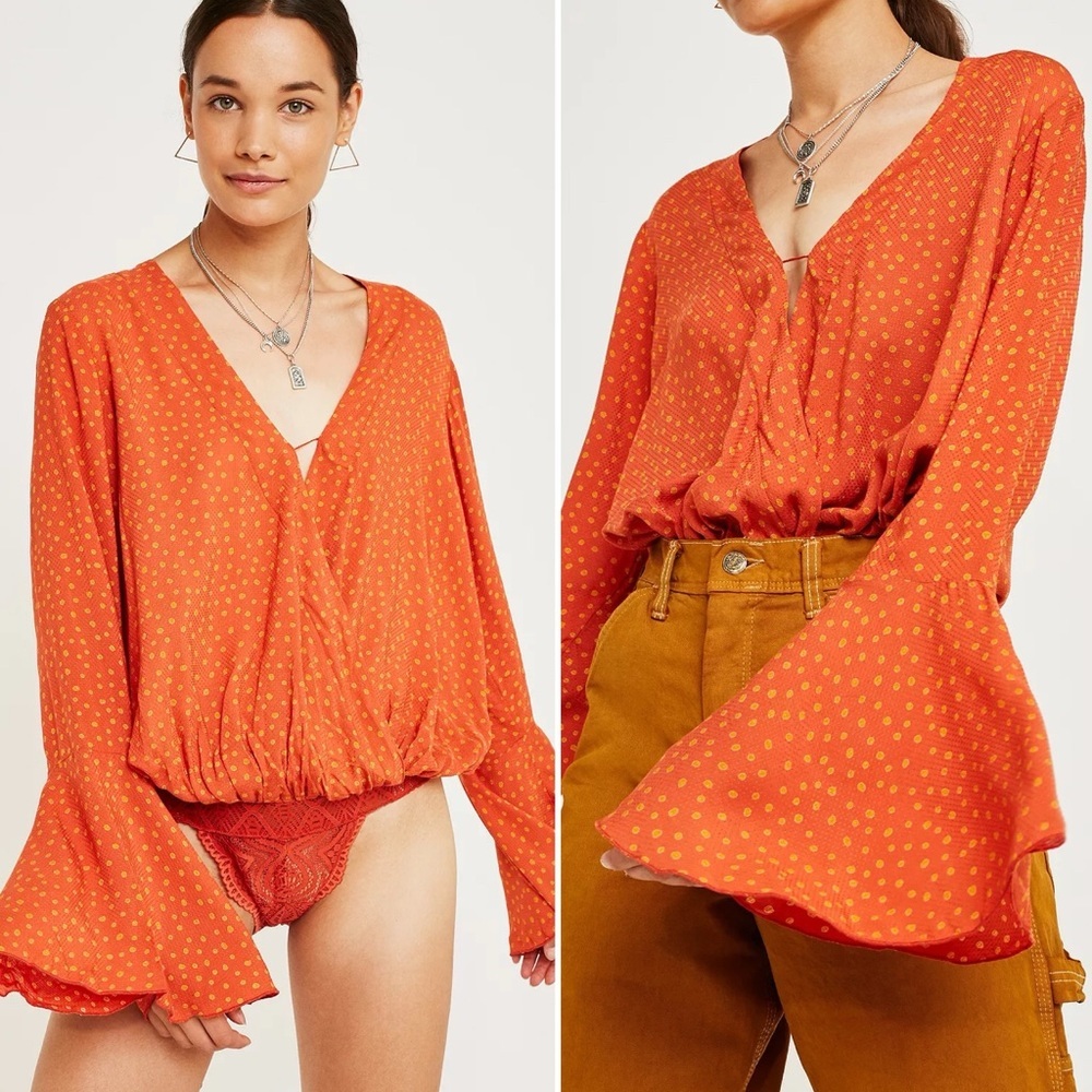 Free People Makin’ Waves Bodysuit Small flowy blouse bell sleeve orange rust top
